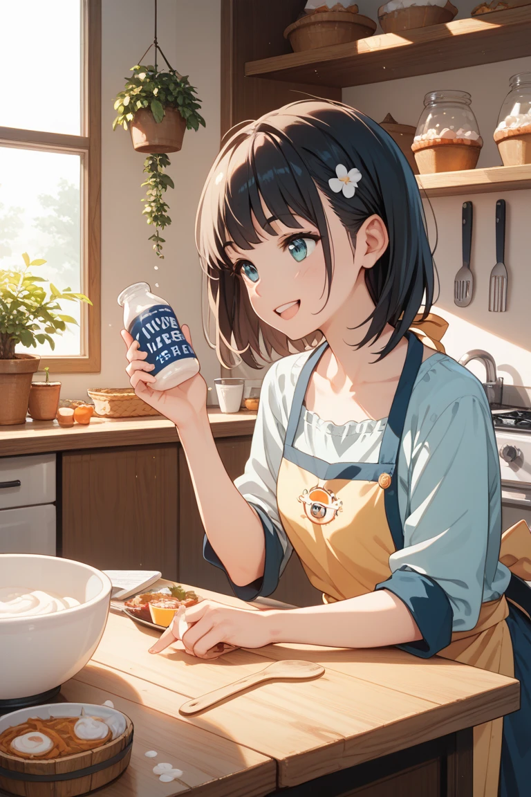 A young woman in her home kitchen smiling while preparing gut-friendly fermented foods, drawn in a soft, clean manga style. On the table are ingredients like miso, amazake, yogurt, and nukazuke (fermented pickles). She wears an apron and holds a glass jar proudly. The background features a cozy kitchen with soft lighting, potted plants, and wooden shelves drawn subtly. Comic-style effects like motion lines or a speech bubble saying "Trying a gut-friendly recipe!" add a fun touch. The overall vibe is warm, healthy, and relaxed.