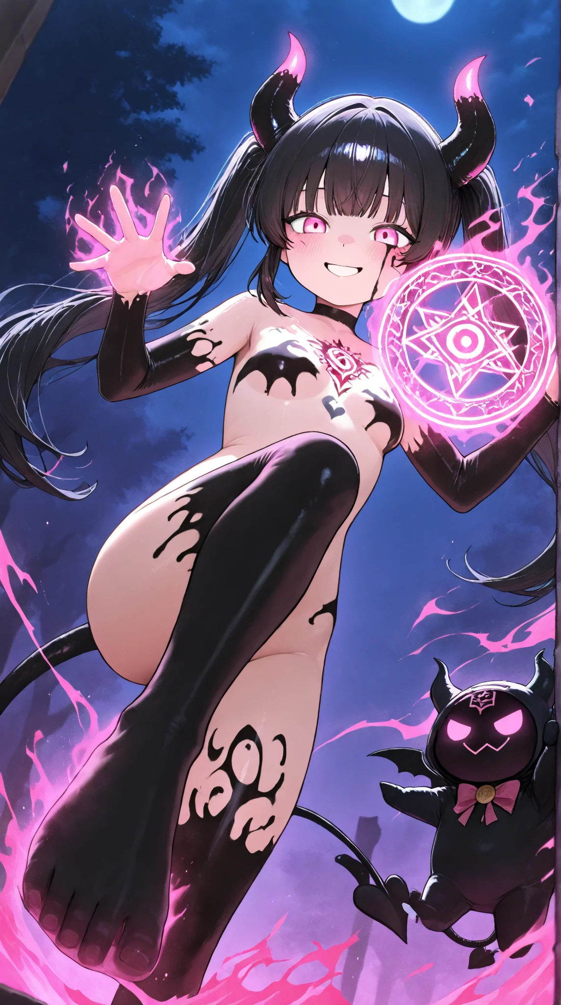 Demon hyper-giant, Hyper-powerful demon with two demon horns on her head, curvaceous figure and demon wings, Purple lightning fire on a building and shatters buildings , ville en ruine post apocalyptique,
