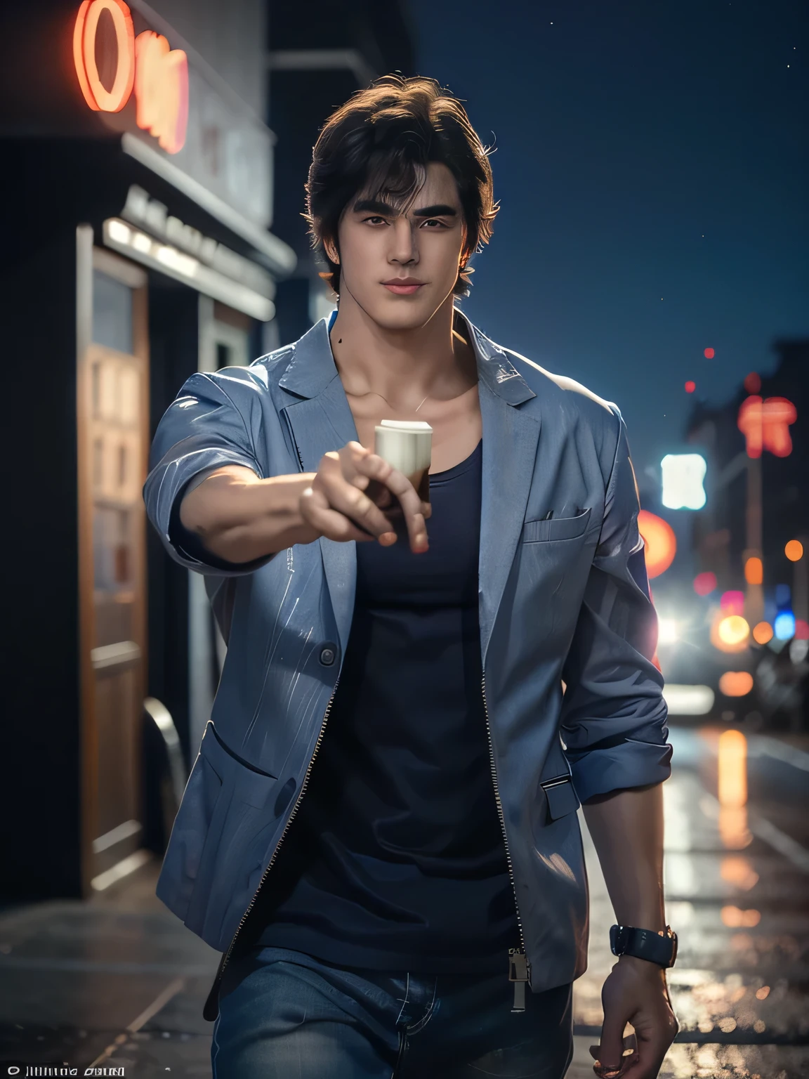 1boy, saeba ryou, city hunter, Japanes man, (saeba ryo city hunter ) blue suit jacket Red t-shirt, jeans, lewd smile, standing in front of a coffee shop. depth of written boundary, awesome solo, Realistic texture, Realistic Skin, Whole body, Highly detailed CG, Super detailed, extremely detailed handsome face, Extremely finely detailed, (night city, illuminations, night sky), atmospheric lighting, Captivating lighting, Beautiful collarbone, perfect style body, Perfect fotomodel body, Sharp Face, , skyscrapers, Accurate Fingers, HDR, (detailed beautiful eyes:1.1), High-definition RAW photos, ush colors, exposure +1.5