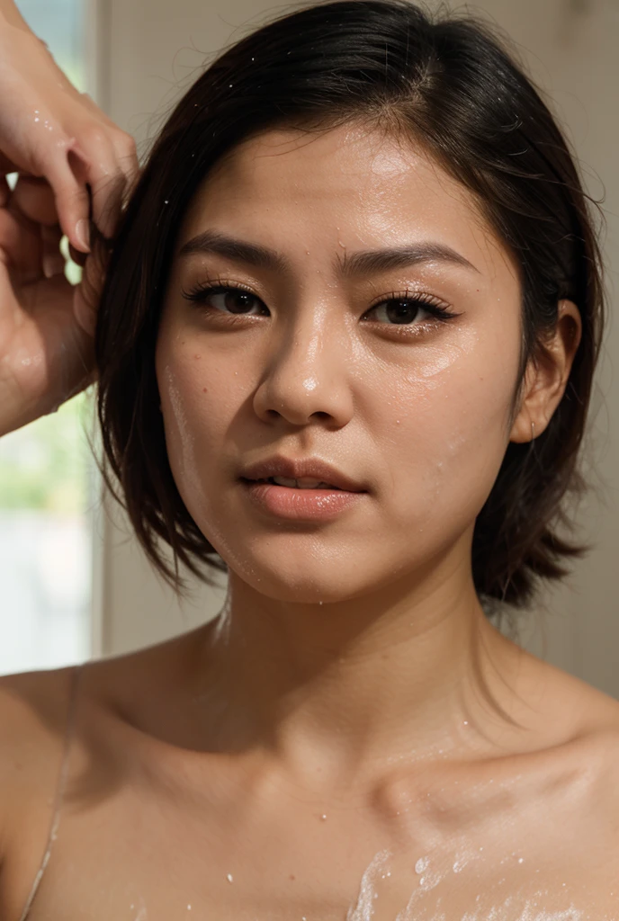 Highly detailed CG Unity 8k wallpaper, of the highest quality, masterpiece, (Realistic,Photorealistic,Photorealsitic:1.37)、(((Realistic skin texture、skin pores))),,Ultra-fine painting,Sharp Focus,Physically-based rendering,extreme detail description,Professional,Vibrant colors,sexy muscular、photographrealistic, Highly detailed beautiful woman, 24 year old, (((vulgar、sexy、tan skin、naughty、white panty、shoot from below、spread legs)))、(horny、muchimuchi)、((glossy skin、wet))、(sexy hairstyle)、cleavage、((big breath))、(((sweat))),  Round eyes,  Realistic female hands、viewer,  blush、(glamorous smile)、Parted lips, full body photographed、(standing、erect through)、(((bedroom)))、((high nose、eyebrows))
