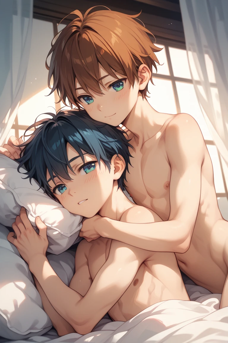 Two boys elementary student sleeps in a bed fullnude sleeps in a bed Hugging