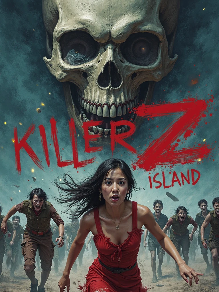Beach of the Dead - original motion picture soundtrack, horror film, A beautiful woman in a bikini swimsuit stands in a full-body pose in the center, In the background is a spooky deserted island beach with a sexy female companion with a gun and zombies swarming around、Spooky atmosphere、soundtrack jacket、Digitally Remastered, Kinematics」, John Maggs, Roy Dargano, Movie Posters, Album cover, 1 9 7 0 sMovie Posters, Oil painting