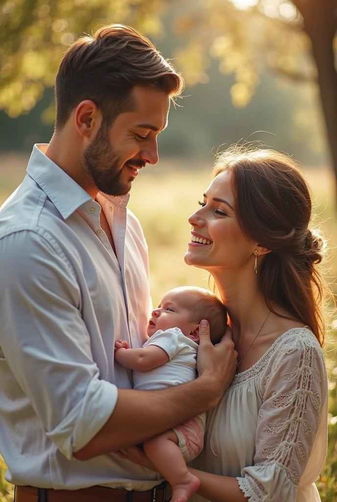 A beautiful garden in the background of the image with the father with blue eyes and the mother holding her newborn baby in her arms
