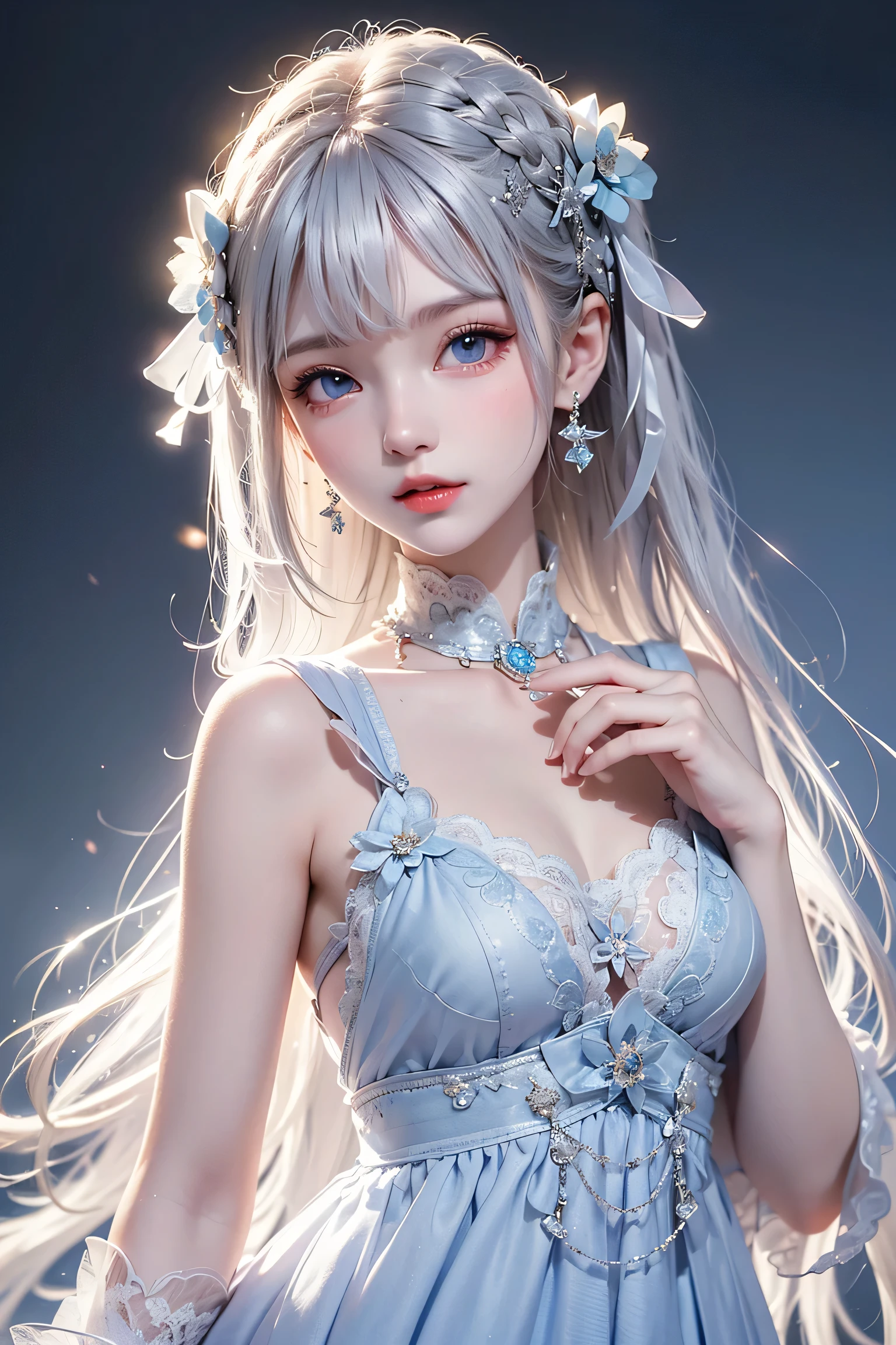 Night scene,stella,(White Hair Girl:1.5),((masterpiece))、(detailed:1.4)(Close-up)、angle from above、(Backlight)(A fantastic atmosphere、Ancient Capital、Fantastic beauty images,One Woman、White Dust、Light Danceysterious atmosphere、Suspended particles), (Black Dress、long dress with sleeves、Shoulders exposed、Off the shoulder)、(Gray hair that changes with light、Long, lustrous white hair、white hair fluttering in the wind、Beautiful bangs:1.3)、(Beautiful white and shining skin、Cheek gloss highlight、Sexy and very beautiful and adorable face、The most beautiful face in the world、Big, sparkling blue eyes)、(A cute 25 year old girl、Ample breasts、Great cleavage small waist、delicate shoulders、Perfect figure)