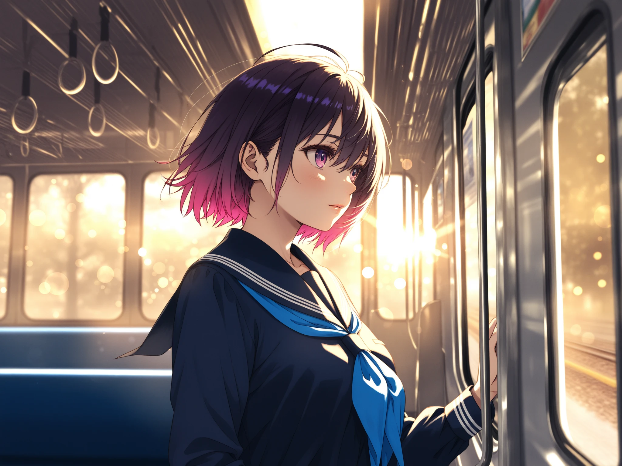 masterpiece, (((wearing headphones))). (anime girl posing). ((1990s anime)). ((City Pop girl)). Gorgeous features . Hyper detailed. High definition. Anime style. HDR. 8k. This contrast between the fantastical character and the more bold color scheme and elements gives the piece an intriguing narrative quality. painted realism, photorealistic, fantasy digital art,Render Related Information: 32K resolution,Expressive details, Season: summer, Time: Dawn, (((Waiting on the station platform to catch the train before going to school ))),full body,smile.Moonlight illuminates the dimly lit room.90s,short hair girl,beautiful girl,(((A woman whose back can be seen up to her waist))),（woman ）,