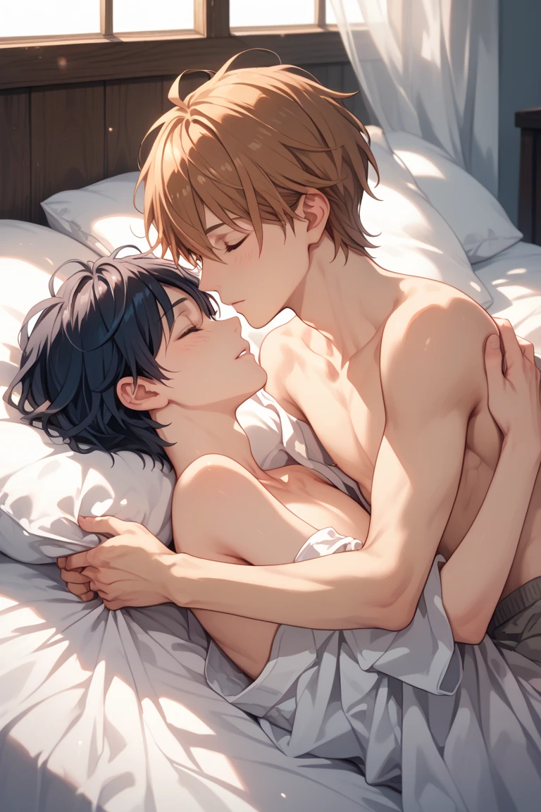 Two boys a junior high school student Sleep in bed fullnude The erection the kiss