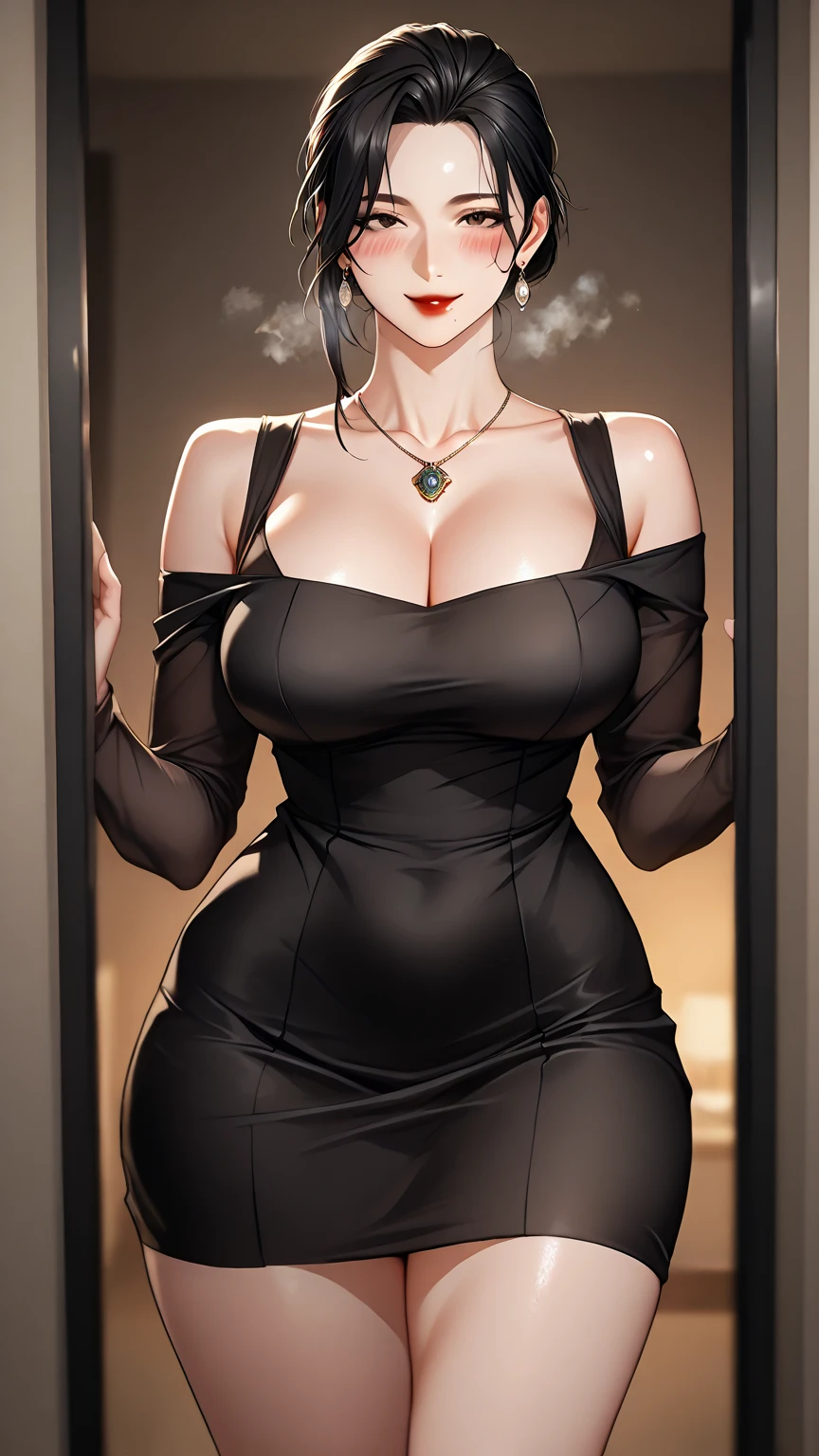 detailed illustration (side view),dynamic angle,ultra-detailed, detailed eyes, detailed face, 1girl, night , nightime, stars, 1940’s wife, tight and strained button up blouse and long skirt, anime eyes, lidded eyes, angry, standing in pool house, domestic goddess, black hair, huge breasts, wholesome yet sexy, motherly, nurturing, MILF, glass sliding door, moonscape outside, dark blue eyes, highly detailed eyes, detailed eyes, bright eyes, long hair, wavy hair, red lips, buttons straining, cleavage too big, gaps between buttons, chest busting out, mad, yelling at camera, pointing at camera, beautiful face, attractive face, tits spilling out,