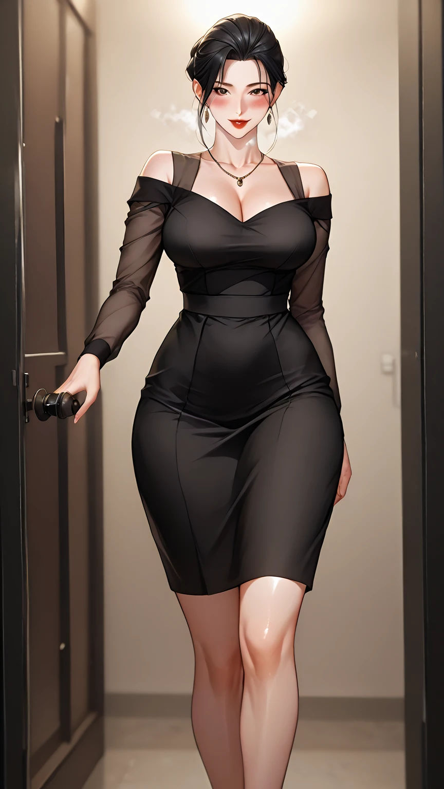 {masterpiece},high quality, 4K, 2D, 1 girl,simple background, 43 yo,attractive mature lady, standing,sagging breast,{{Maid clothes}},front face,attractive mature lady,black hair tied into a chignon, {from right in front of face and body},View viewers from front,{front facing shot}