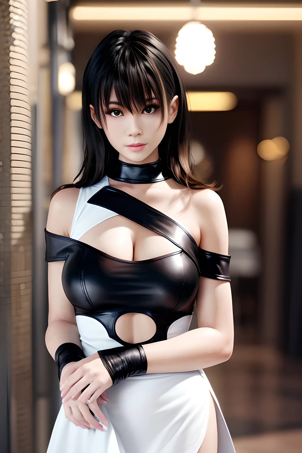 juri han, work of art, tight white secretary shirt with black tie, black high waist skirt, short skirt,stocking, black hair, black tights,evil smile,office,franja nos olhos,iluminação,chifre de cabelos,visão de cima,olhando para cima

