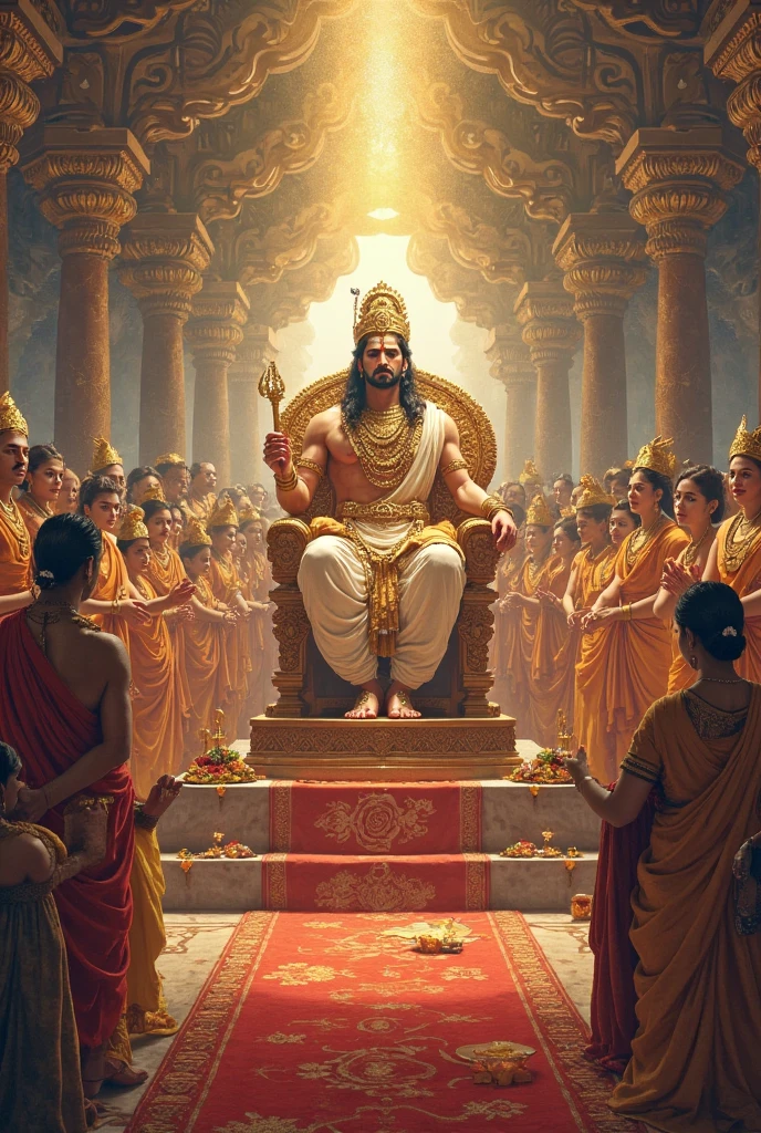 Make lord ram photo taking oath in palace with his minister and civilians lord ram is sitting in his throne and raising his hand lord ram has no beard