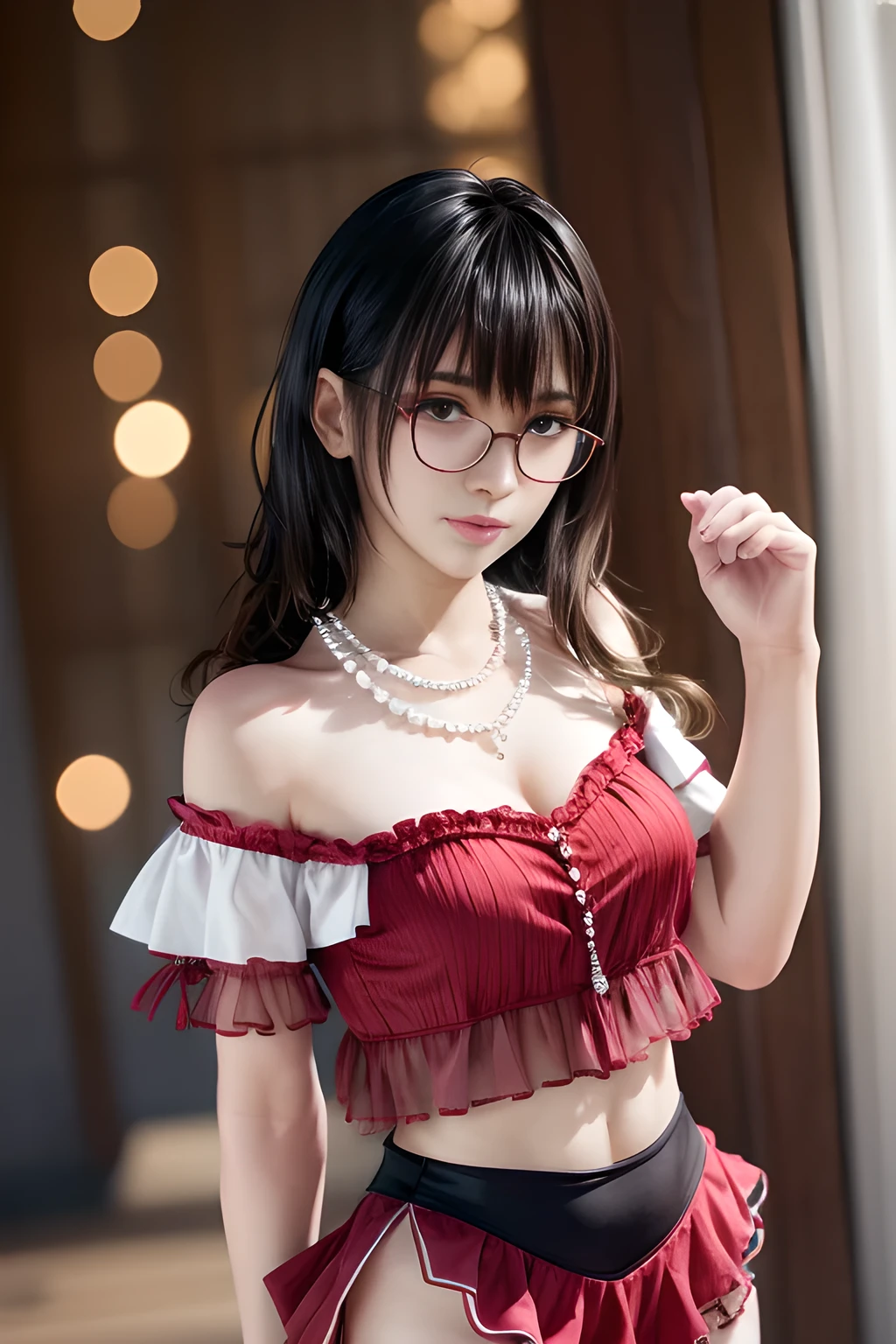 Masterpiece, perfect facial features, highly detailed face, highly detailed, 1 gir solo, 20 years old woman, eye glasses, top view shots, against the garden's park, sunset, dark skies, sitting on bench, twintails hair, hair bangs, white short sleeve, cleavage, mini skirt, thighs, knees,