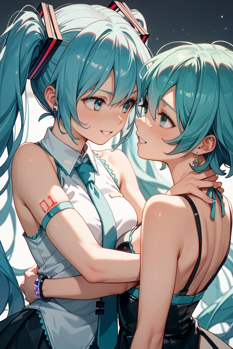 Gradient with pink tips,Blonde,Twin tails up to the shoulders,Red eyes,high school girl,Slightly curled twin tails,nsfw,medium breasts,steam,Side bangs down to the collarbone with curls, With pink gradient tips,2girl,Selfie, pasties,blue eyes, split ends hair, swept bangs, dark blue hair,
