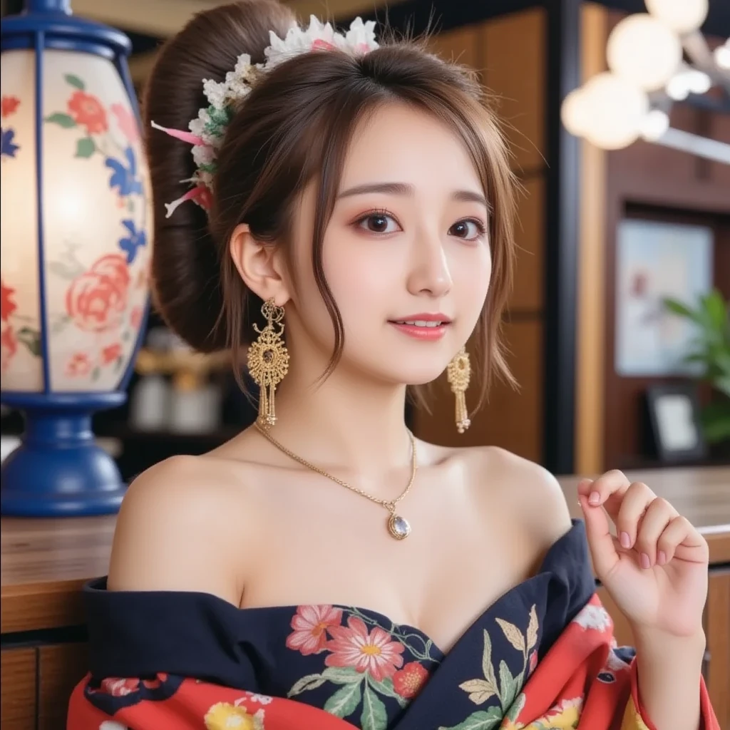 (Detailed skin:1.2),(Shiny skin:1.1),8K,Highest quality, masterpiece, Ultra-high resolution,(Realistic:1.4), RAW Photos,(Soft saturation:1.3),(Fair skin:1.2),Half-Japanese beauty,repair,20 years, Light brown hair, (Up-Hairstyles:1.2), Asymmetrical Hair, (Pretty face:1.4), (Large Breasts, Tight waist), Beautiful lighting, (Sexy Oiran:1.2,),Highly detailed face, Highly detailed lips, fine grain, double eyelid, (Sharp focus: 1.2), (Perfect Anatomy),(Beautiful woman with perfect figure: 1.2)、Exposing cleavage、Random sexy poses,(Accentuate your leg lines:1.1)、kimono、Sharp Eyes,smile、Gorgeous hair ornament、Japanese style background