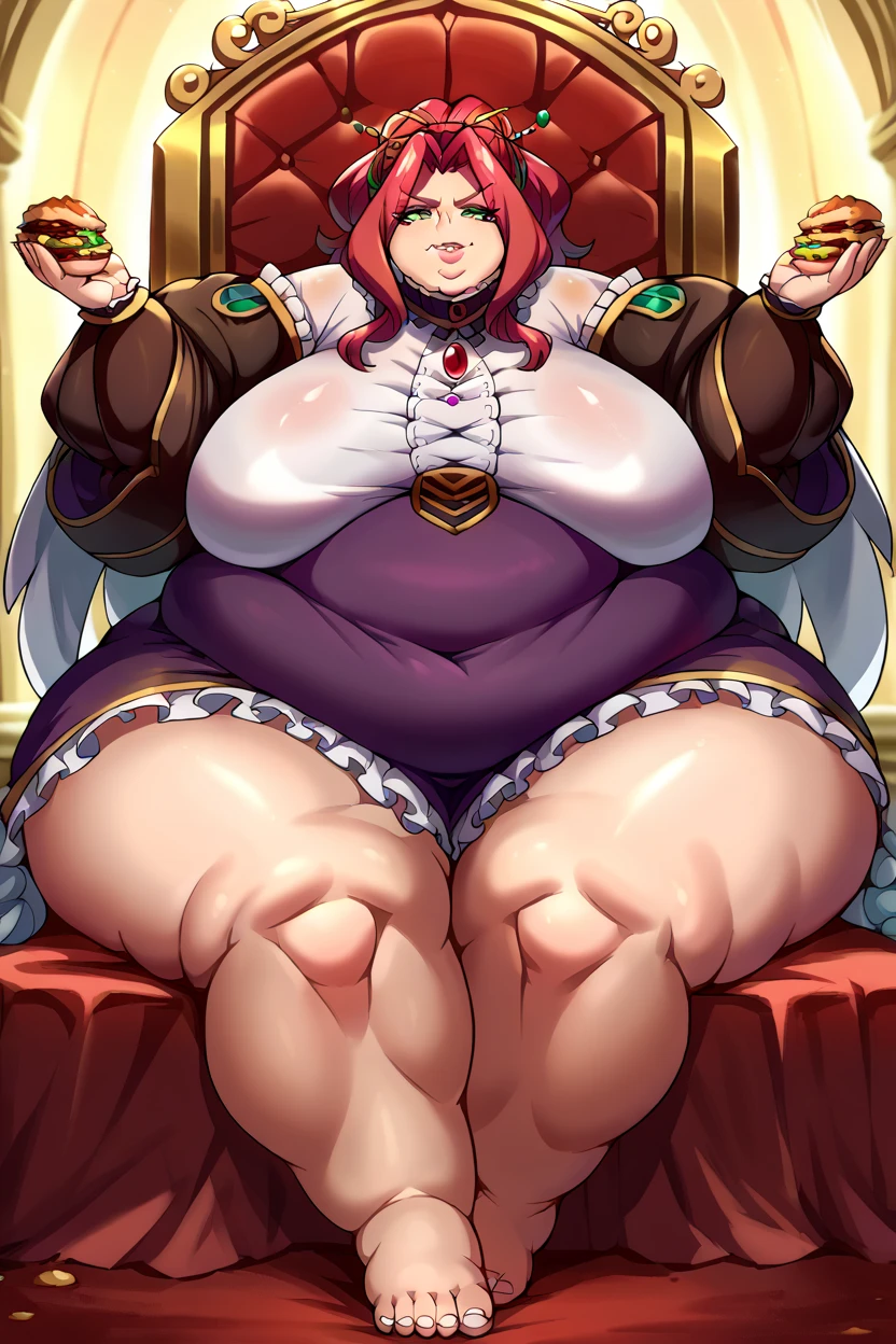 obese fgokama, kama, hair ribbon, (red eyes:1.5), red ribbon, ribbon, long hair, white hair,
BREAK armlet, bare shoulders, bikini armor, fat arms, fat butt, bracelet, collar, detached sleeves, dress, earrings, floral print, jewelry, metal collar, miniskirt, pelvic curtain, purple dress, purple skirt, purple sleeves, purple thighhighs, ring, skirt, thighhighs, thickthighs, thighlet,
BREAK looking at viewer,
BREAK indoors, bed
BREAK (masterpiece:1.2), best quality, high resolution, unity 8k wallpaper, (illustration:0.8), (beautiful detailed eyes:1.6), extremely detailed face, perfect lighting, extremely detailed CG, (perfect hands, perfect anatomy),