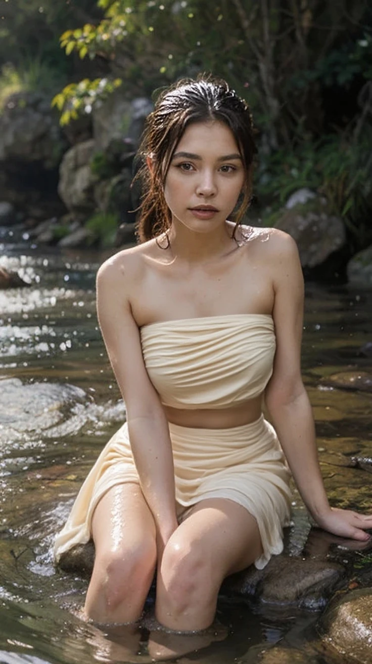 Masterpiece, best quality, close up, (detailed face: chubby, 1.5), magical lighting action shot, beautiful slight smile Nepalese woman sitting in greek garden water waterfalls, white flowing saree looking into camera, short redhead hair, dramatic lighting, digital art trending on Artstation, 8k, HD, high definition, realistic skin texture, hyper detailed.