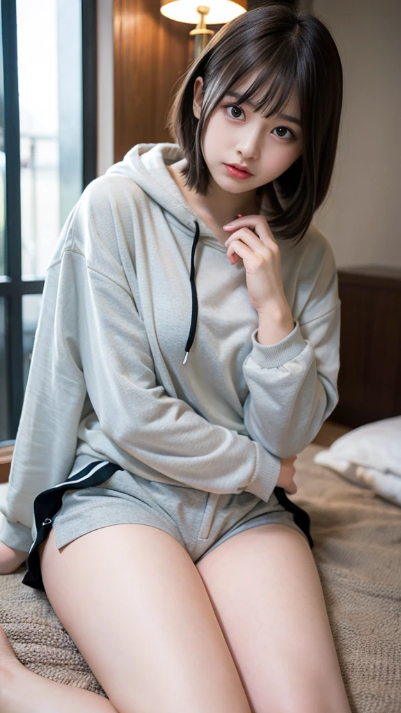 (Raw photo,realisitic, Photorealsitic: 1.4, masterpiece, best quality), 8K, 1 Beautiful Japanese gal, solo, 20years old, Charming Smile, Pretty Medium breasts, Beautiful detailed round eyes, Drooping Eyes1.4, Long blonde hair, wavy hair, (Highly Detailed Face and Skin Texture), dark skin, ndge, wearing a oversized gray hoodie, gray sweat pants, her room, day, sunny day, full body, random charming posing, (looking at viewer:1.4)