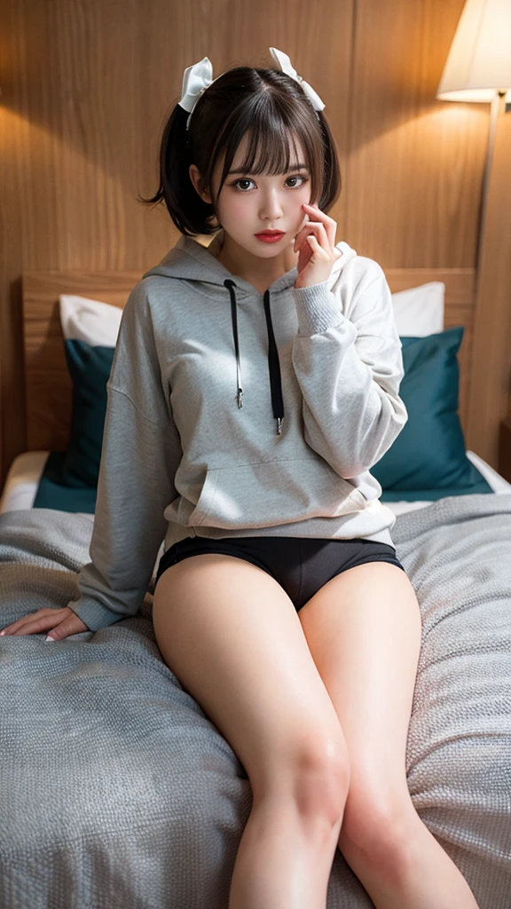 masutepiece、top-quality、8K、Young and cute fair-skinned Japan woman、(((((Crying face、With a very angry face with wrinkles between his eyebrows、With a grimace)))))、((((Sports Instructor、Wear a sweatshirt hoodie and lace panties、Wearing a hood)))、((((Open your mouth wide to the maximum、stick out your tongue a little))))、((bob cuts))、Looking at the camera、Transcendent beauty、Moles under the eyes、((Thin woman、Delicate woman))、((Indoors with natural light、Professional Writing、Lie on your back、Spread your legs apart、on the beds))、Luminous skin、big butts、(breasts are large)、(I love guys)、float、I'm 、Sense of truth、(R-18)、Mature、((tre anatomically correct))、Detailed skin、no-makeup、simple background、covered pusy