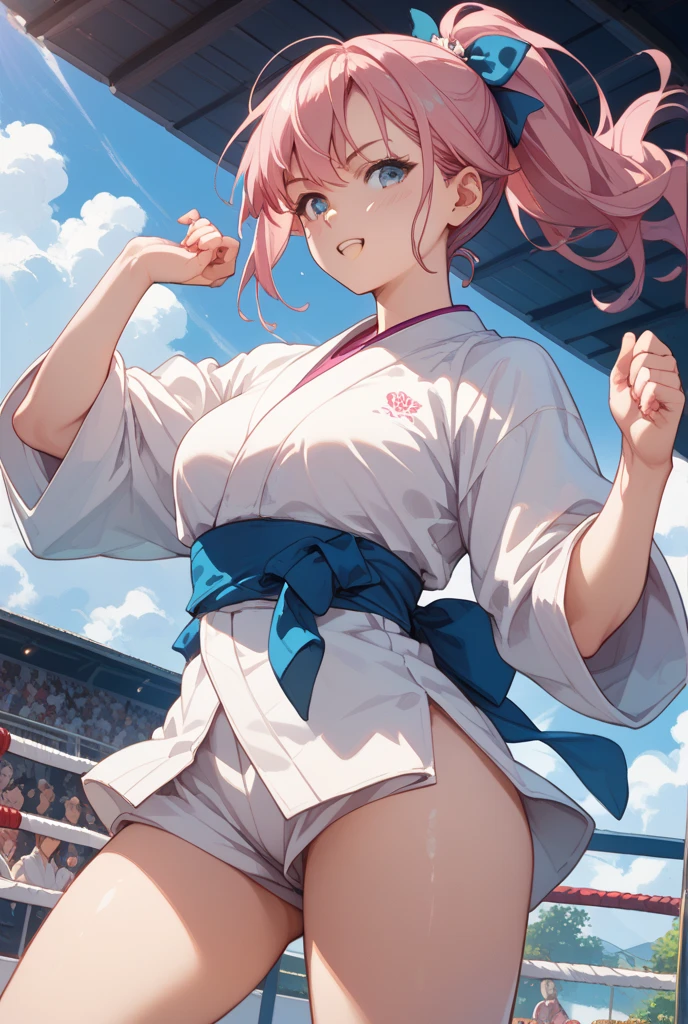 (Highest quality,8k,32K,masterpiece,Ultra-high resolution :1.2 ),born,One girl,Super cute,Natural light,Clear, shining eyes,20-year-old,Fair skin,Olympic venue electronic world fantasy background,The noble earrings are shining,The noble necklace shines,Pink Hair,Judo,Twin tails,Long Hair,Doing judo,Serious expression,Stuffy