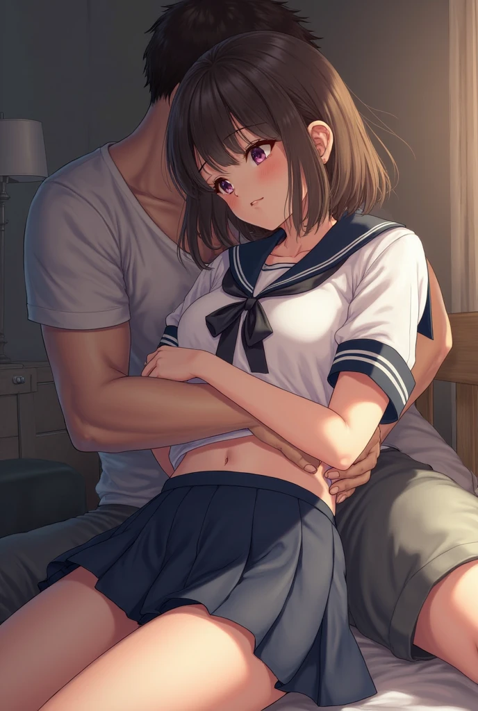 (​masterpiece:1.4)、(1male people:1.9)、1girl、15 years old,(:1.2),high school student,beautiful girl,(short ponytails:1.2),akb48,nogizaka46,sailor suit,high ,(A father is touching his delicate girl's crotche:1.9)、student clothes、a closeup、Lying in bed、Father touching the crotch of delicate girl、(Cute 15-year-old delicate girl with semi-long hair and 50-year-old father with short hair)obscenity:1,2、Metamorphosis:1,2、NSFW:1,2、caress:1,2、Wrinkles between the eyebrows、Touching each other's crotches、red blush、toppless、White panties、Dark blue pleated mini skirt、tre anatomically correct,(small breasts:1.2),(skinny:1.2),