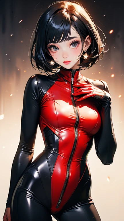 1girl,(Short black hair),(Black eyes),(Big breasts),(School clothes}،(women's stockings),(Red cheeks),(masterpiece:1.5), (8k details:1.3), (unlimited details:1.2), (best eyes:1.4), (ultra clothes details:1.3), (highly detailed background), (vibrant colors), (dynamic lighting), (realistic skin texture), (intricate patterns), (sharp focus), (full-body view), (natural poses), (expressive emotions), (cinematic composition)