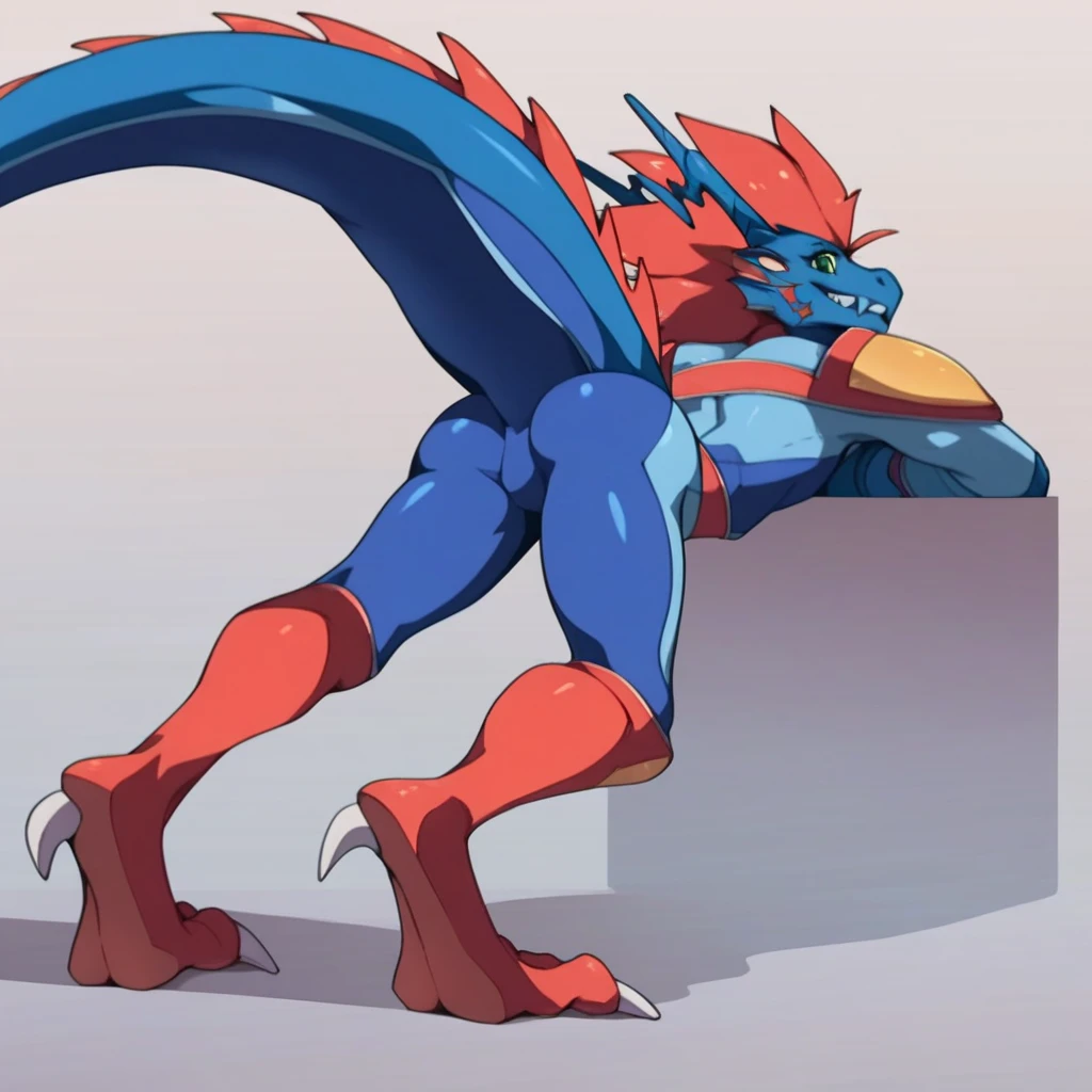 Digimon Style, shoutmon is the same as the original drawing,with bodybuilding , more muscle in the legs, very defined legs, sitting on the edge of a modern building's rooftop, With testicles and penis, the foreskin is not visible, the veins are marked, with a face of enjoyment and with the tongue hanging out, normal body size. The retina of the eyes is the same as the drawing of Digimon.