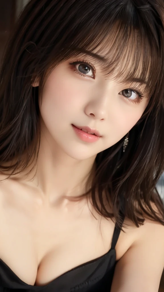 ((highest quality, 8K, masterpiece :1.3)), 1 girl, A cute woman who emphasizes her slender abdominal muscles :1.3, (dark brown hair, ponytail, small breasts:1.2), wet body:1.2, summer sandy beach, super detailed face, Highly detailed eye resolution, double eyelid、Black frilly bikini、raise the corners of the mouth