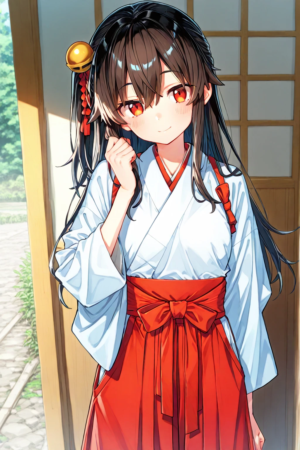 Straight Long Hair, smile, standing position,girl,((Loli)),Hakama,shrine maiden costume, (highest quality,High resolution,masterpiece:1.2),demon horn on forehead,Senran Kagura,black hair