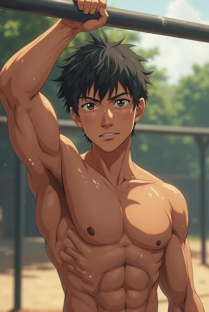 1boy、 Japanese、Pool lifeguard、Upper body naked、slim、Black Hair、Brown Skin、Orange swimming trunks、Developed abdominal muscles、Poolside、Anime Style