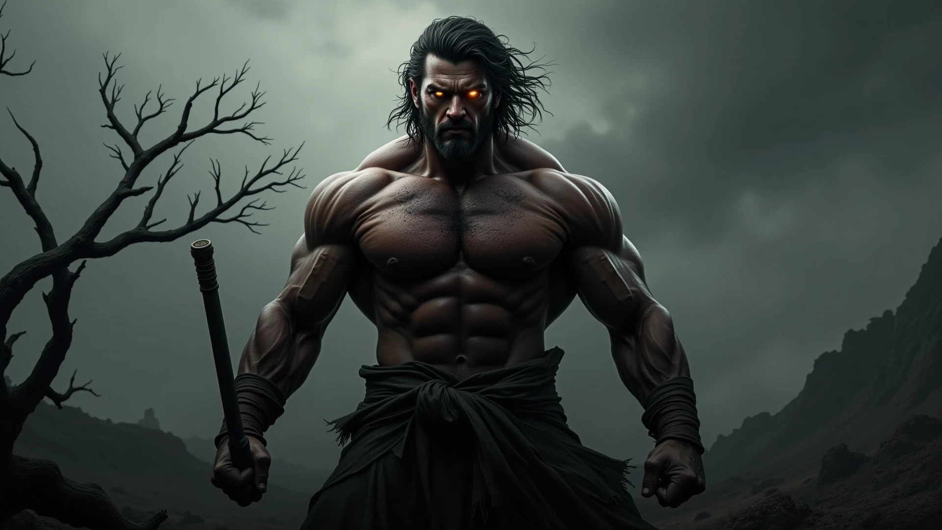 Prompt: "Periyappa reveals his true form as a ghost, his face transforming into a terrifying spectral appearance. The room darkens, and the other characters react with horror. The setting is chaotic, with supernatural elements manifesting around them."