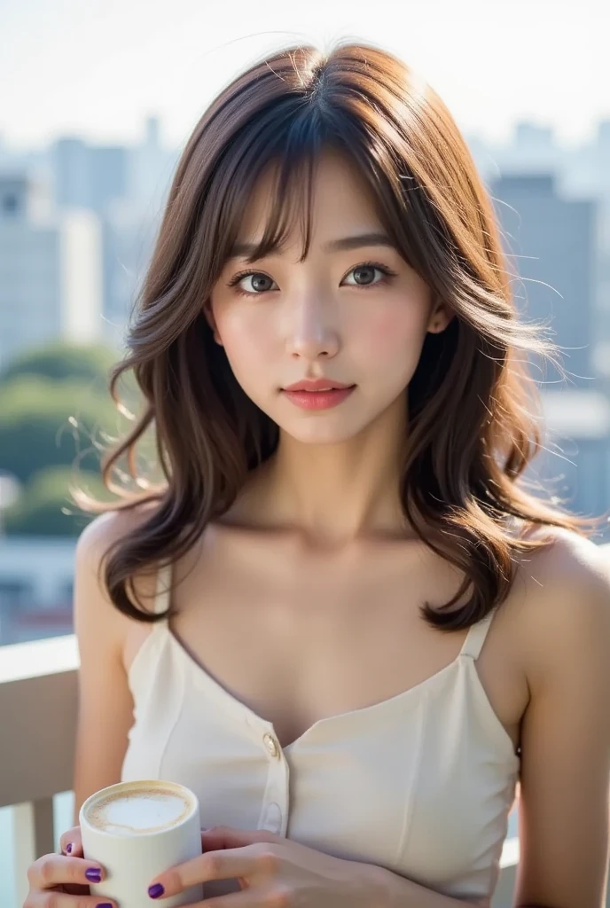 A girl holding a camera, mix4,(8k, RAW photo, best quality, masterpiece:1.2), (realistic, photo-realistic:1.37),1girl,cute,cityscape, night, rain, wet, professional lighting, beach background, photon mapping, radiosity, Physically-based rendering, gradient brunette hair, short curly hair, handsome, girly, white ball set, superb picture quality, high resolution, 1080p, (clear face), (detailed face description), (detailed hand description), (masterpiece), (exquisite CG), extreme light and shadow, messy hair, masterpiece, rich detail, (exquisite facial features), (highest image quality), (masterpiece), (detailed eyes), look forward to your eyes, delicate collarbone