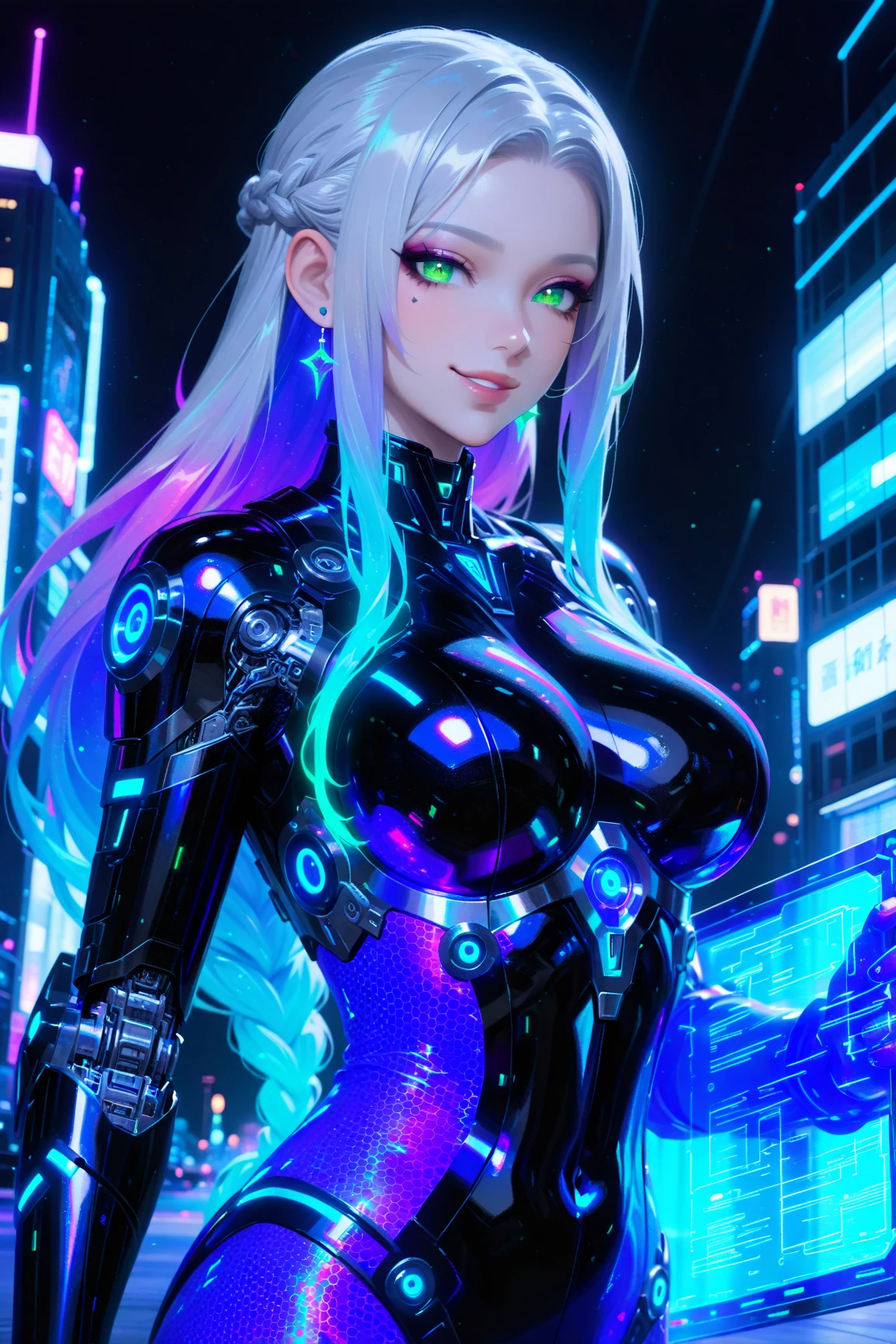 Full-length view. (full-length shot, wide angle, centered, no cropping) AR 9:16 - from 1:2 ((woman in a black linger suit - Ghost in the Shell, porcelain face and head. Long flowing white hair, large turquoise eyes, perfect eyes, best quality)). Visual Kay Fashion, gothic. Yoshitaka Amano, Quentin Mutch, Multicolored Fog. Hannah Yata, fantasy art, megapixels, 8K HDR resolution; volumetric lighting", surreal hallucination, complex detail, sharp focus, wind, cherry petals, Fujifilm, Bokeh. (full-length shot, wide angle, centered, no cropping) - AR 9:16 - from 1:2 