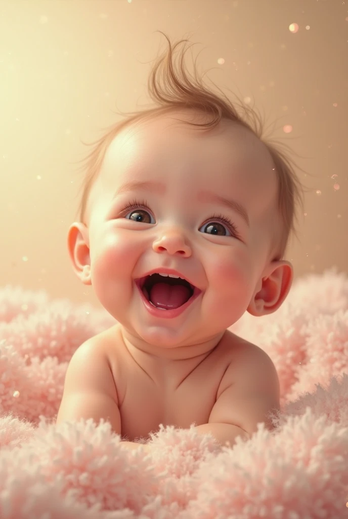 A baby with curly hair and light brown eyes 