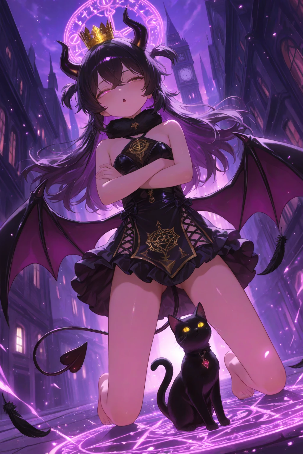 HighestQuali、One girl、fair complexion、Devil's Ears、Feathering、tail、dark haired、Longhaire、Sharp eyes、Small face、Suck a finger in your mouth、smile on face、Giant tits、Constriction、Black underwear、Black tights、Black heels、夜晚、Cities with few traffic、Background blur
