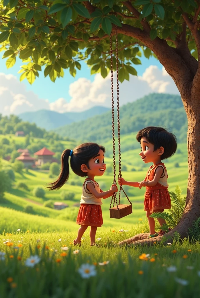 Need a 3D animation style-The Serene Village Setting**
- "A wide view of the entire village scene with Krishna and Radha on the swing under the large tree, surrounded by green fields, colorful flowers, and traditional village huts in the background. The sky is clear with a soft golden hue, reflecting the peaceful and joyful atmosphere of the village."