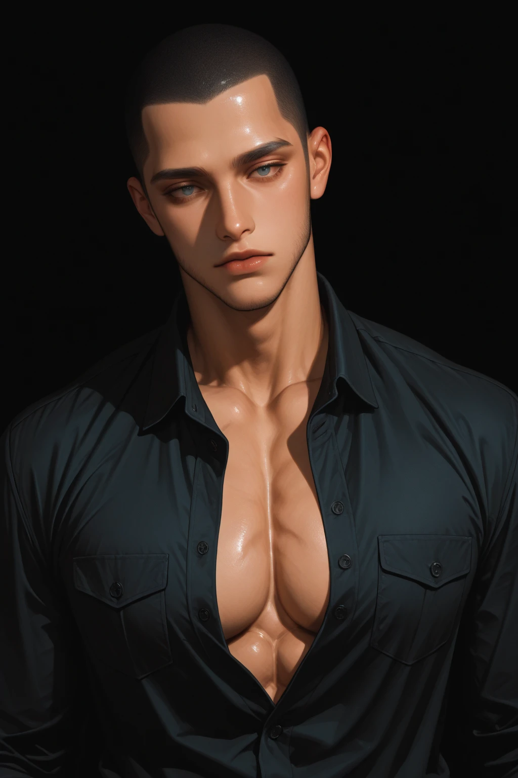 (absurdres, highres, ultra detailed, Ultra HD), a muscular handsome man, largest breast, extremely large pectorals, big nipples, detailed face, perfect facial features, smooth skin, beautiful, gorgeous, wet, mature, perfect eyes, sexy gaze, looking at the viewers romantically, short hairstyle, looking at the viewers romantically, sexy gaze, large bare chest, tattooed chest, wearing open shirt and brief,