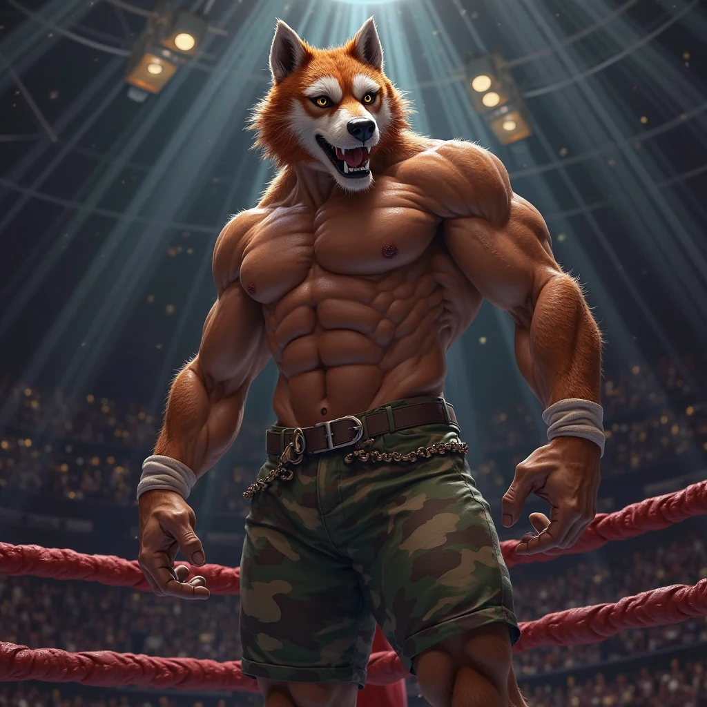 ((solo)), (anthro) wolf, shirou_ogami:1.8 (bna), adult, mature, masculine, slim:1.2, skinny:1.2, tall:1, (correct anatomy:1.2), vascular veins, (cartoon fur, detailed fur texture:1.3), topless, wearing big black collar (shirtless, boxing gloves, compression shorts), ultradetailed, (by wfa:1.2), (by takemoto_arashi, by vorusuarts, by Traver009:1, by grimfaust:1), natural lighting (boxing ring background), (sweat:1.4, wet:1.6), (lots of sweat flowing down) exhausted, wolf head ((open eyes, detailed):1.2), open mouth (steaming breath:1.2, drooling, dripping saliva, thick drool) tongue sticking out, (serious:1.4) expression), grumpy, sad, lying down, collapsed, defeat