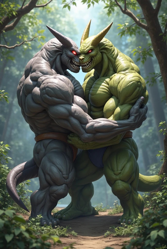 A pair of rhino orcs father and son。Both father and son were wearing only a pair of worn-out shorts.，The upper body is naked，Show off your strong muscles。Typical rhino orc appearance，Grayish black skin，There is a horn on the forehead。Tall and strong，Muscle knots。Father and son kneeling on the ground，Hands on the ground，The body trembled slightly