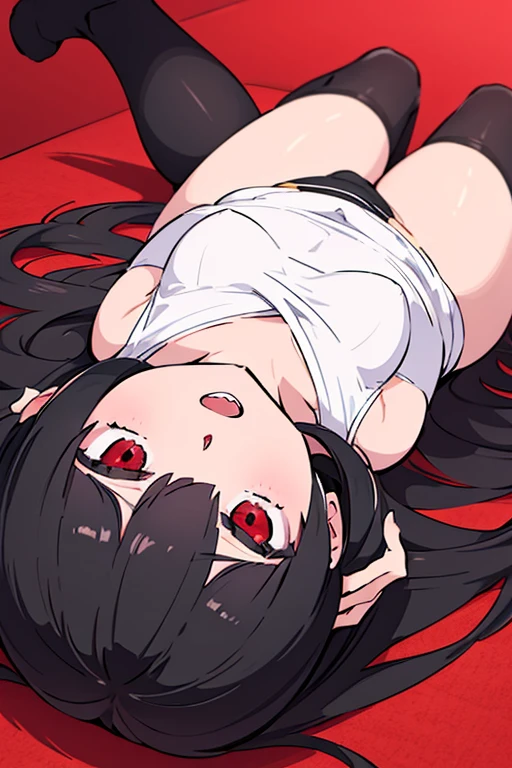 (best quality,high resolution,Beautiful detailed eyes,White lighting:1.2),red eyes, looking at viewer, long hair, black hair, blush, laying on bed,,small shirt,small scurt,exposed stomach, medium breasts
