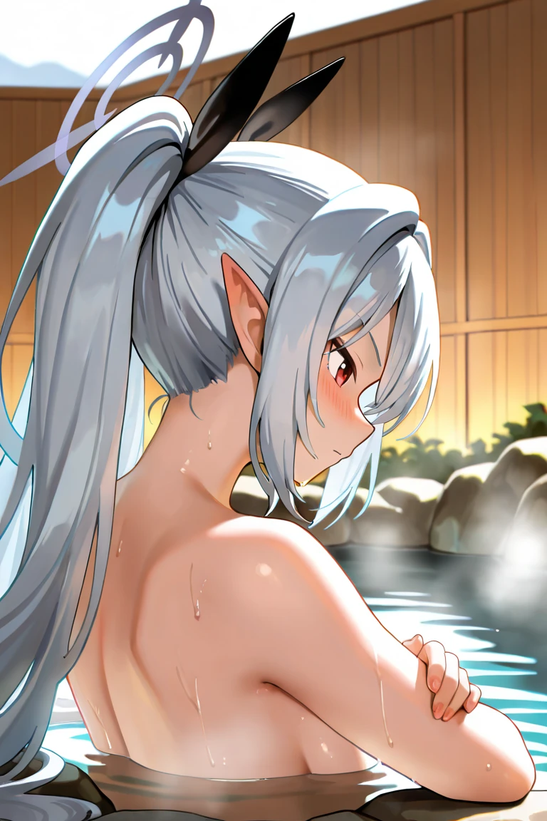 (((1 girl))), ((detailed blue eyes)), ((long silver hair)), large breasts, curvy hips, perfectly drawn body, seductive smile, narmaya, nude, dripping with water, bathing in a large pool, best quality, masterpiece, ultra-detailed