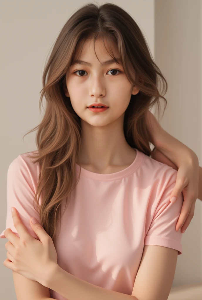 anime girl with dark brown eyes wearing a long pink shirt, has long brown hair and wears a pink ribbon in her hair