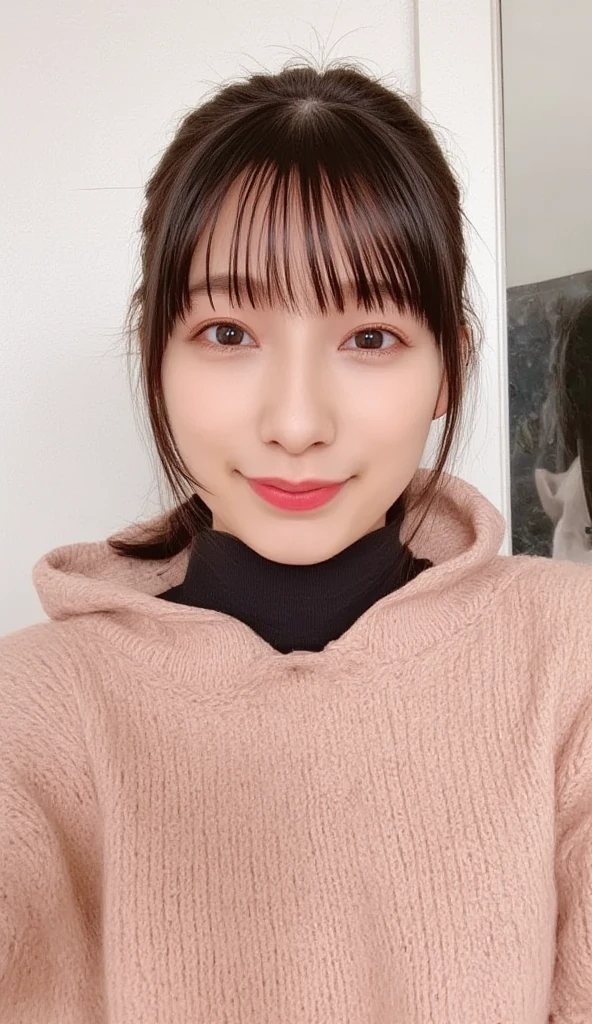 Tabletop, highest quality, figure, Super detailed, In detail, High resolution, 8k wallpaper, Perfect dynamic composition, Beautiful fine details, Winter clothes,Medium Hair,small ,Natural color lip, room、20-year-old girl、cute、Give the camera a sexy look,Ecstatic face,Blur the background,Selfie