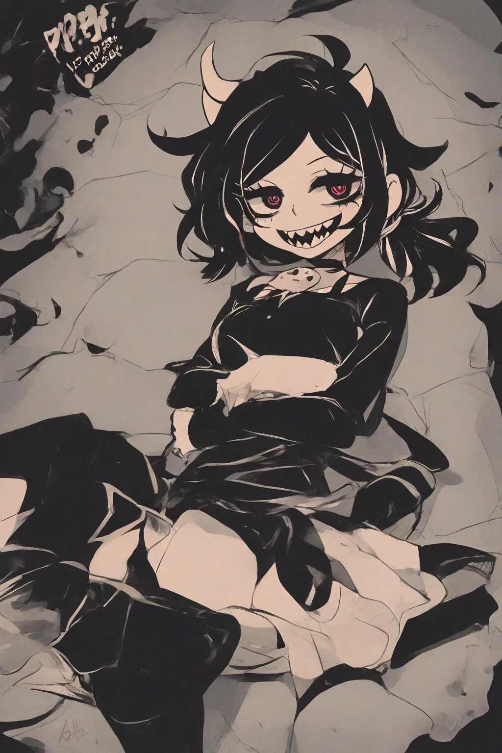 Best Quality, (Background Detail), Horde of Zombies Approaching, Curly Eyes, On All Fours, Full Length, Twintail, Drooling, Huge amount of drool from mouth, (Body covered in filth), Looking Down, (Underwear), High Contrast, Super Beautiful, Original Illustration Detail, Sensual, Delicate face, charm point, delinquent, sexy, looking at camera, real bust, stalker, crazy smile, white, bloody, black hair, beautiful line drawing