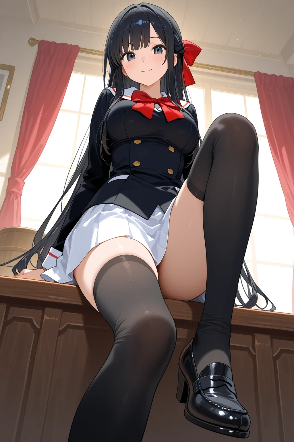 18 yeas old, girl, black hair, long hair, slim, big tits, narrow red eyes, cute, cat ears, (embarrassed, blush:1.3), smiling, sailor uniform, , See-through, ribbon, fishnet, garter belt, frills, Kneesocks, high heels, blue rose, headdress, frontal, spread legs, cat tale, classroom,