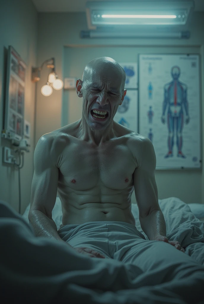 A man tied to a chair,with your hands free,in a hospital room where there are several tubes ready for his face and in front of him there is a table with several surgical instruments and a recorder, He is a bald man, screaming in despair and fear, There is a jar with water pressing on a plate that prevents the tubes from being activated