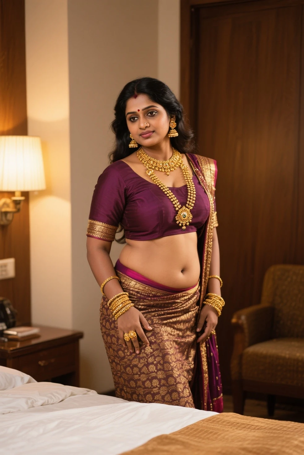 Foto RAW, photorealistic, photography, full body shot, master shot, Saree model, model Photography, Indian saree shoot, Indian traditional wear advertising photography, traditional wear brand shoot, face of Indian actress NivethaThomas, masterpiece, realistic, realism, photorealism, high contrast, photorealistic Artstation 8k HD digital art trend of high definition and detailed realistic skin texture, ultra detail, realistic skin texture, armature, best quality, ultra high definition, (photorealistic:1.4),, high resolution, detail, raw photo, Re sharp, by Lee Jefferies Nikon D850 Film Stock Photo 4 Kodak Portra 400 Camera F1.6 Lens Rich Color Ultra Real Realistic Realistic Textures Dramatic Lighting Unreal Engine Trending at Art Station Cinestill 800,(pele altamente detalhada: 1.2), 8k UHD, DSLR, soft-lighting, alta qualidade, grain of film, Fujifilm XT3, deep navel, jiggly belly, amazing thick figure, 
