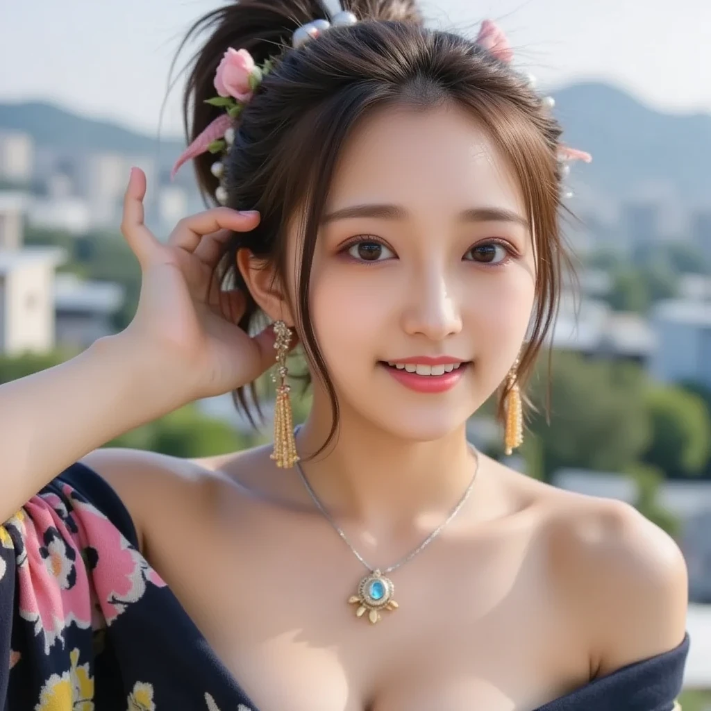High resolution symmetrical images, Japanese film photo of colorful tattoos on waist, chest and arms, Cleavage、(((Full body tattoos)))、 (Lotus tattoo)、 (close up chest, Underarm, 胸のAngle from below), blonde braids, short hair, ((Art Nouveau)), (Ecstasy Face), (Alphonse Mucha), Small earrings, ((on the road, wood, Buildings in medieval Europe)), Angle from below、(Anatomically correct)、(Perfect body proportions)、(Natural Hands、Natural Fingers)、(Breast Goddess, Woman born from flowers, ((Round face)), Realistic Eye Size, Droopy eyes, smile,I'm bathed in dazzling light