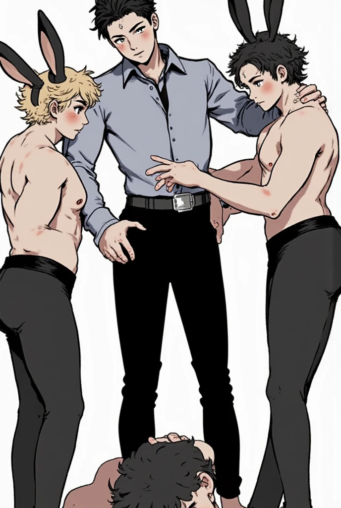 Multiple guys,2 men, blonde, ginger, muscular shirtless handsome men hands above head on a pillory wearing different colour shorts laughing, armpit tickling, rib tickling, belly tickling, thigh tickling, mechanical hands everywhere, stage background