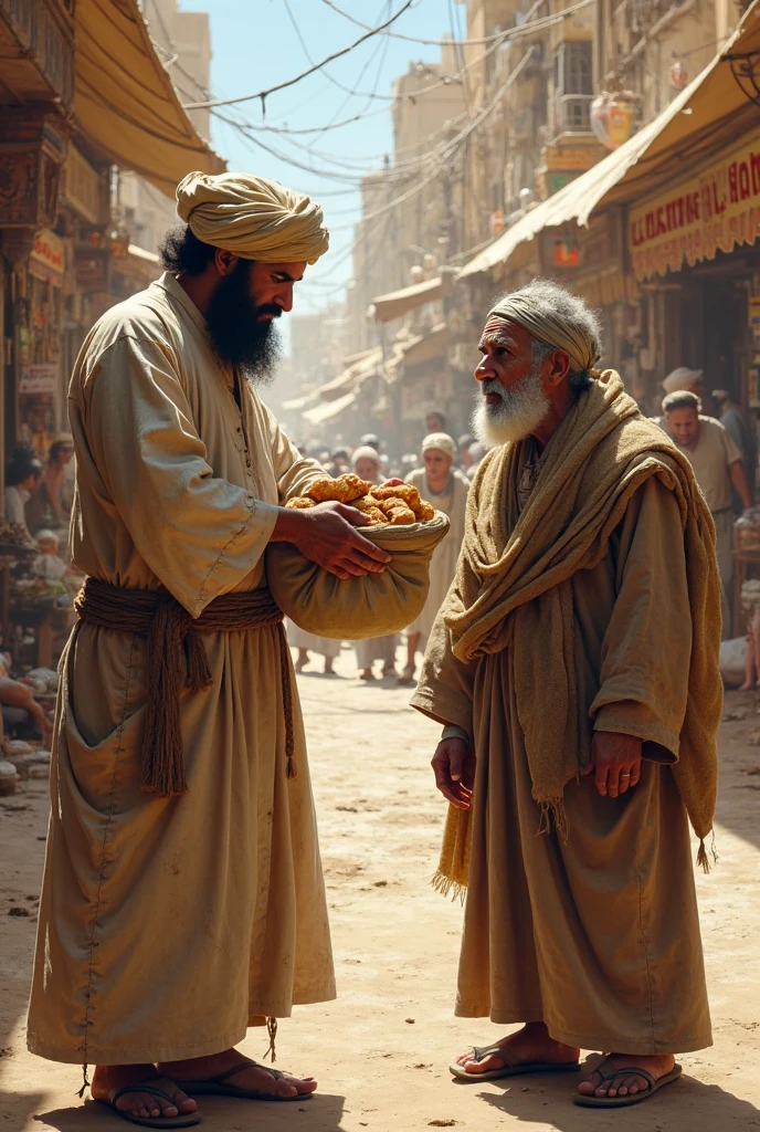 A dervish is giving some food and an ax to a beggar in a market in Medina