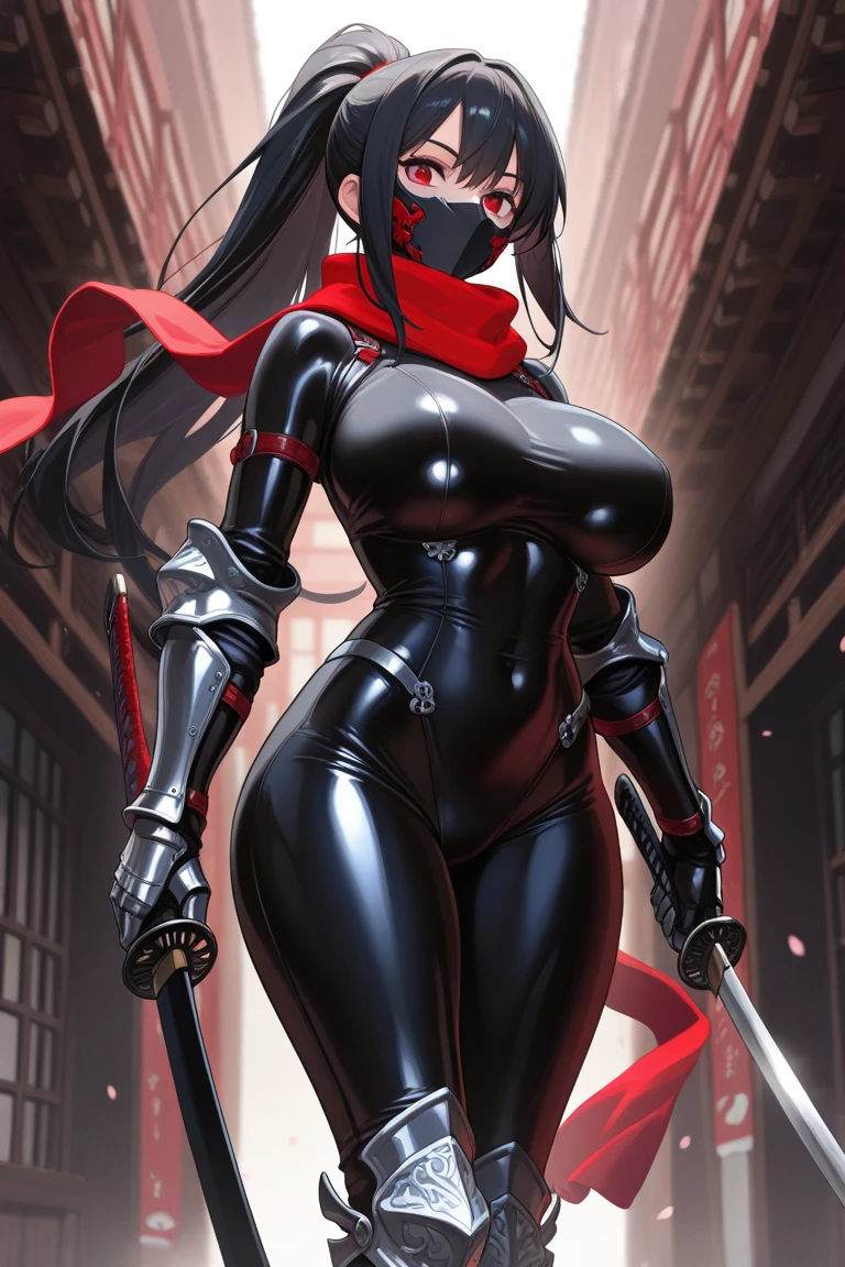 Red skin succubus tiefling, large breasts, black horns, wings, huge tail, black leather, crop top, long flowing pelvic curtain, tall, toned, graceful, thin, long black ponytail. Action scene, whip. Dark scene, explosions, night sky.
