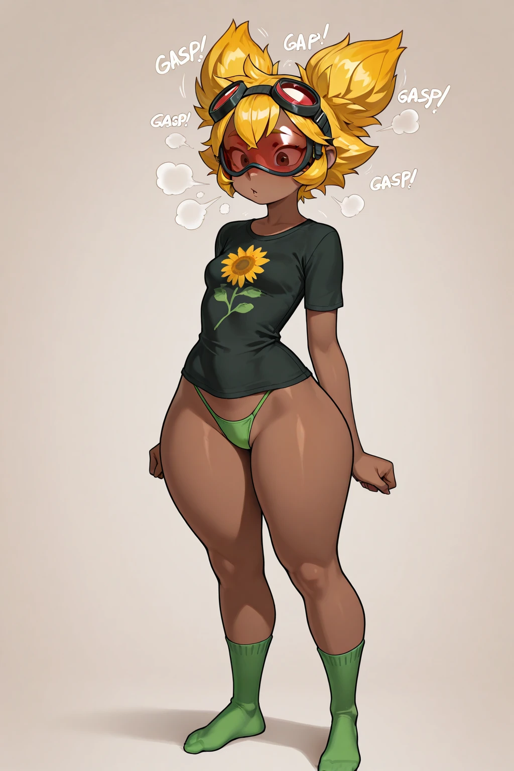 (masterpiece, best quality), intricate details 1girl, sivir, circlet, white scarf, bandeau, gauntlets, pelvic curtain, thighhighs, boots, bottomheavy, gigantic ass, hyper thighs,solar_flare_(plants_vs_zombies_heroes), masterpiece, best quality, 1girl, solo, goggles, blonde hair, goggles on head, breasts, shorts, freckles, dark skin, dark-skinned female, navel, gloves, green shorts, midriff, medium breasts, crop top, spiked hair, cowboy shot, clenched hands, black eyes, shirt,